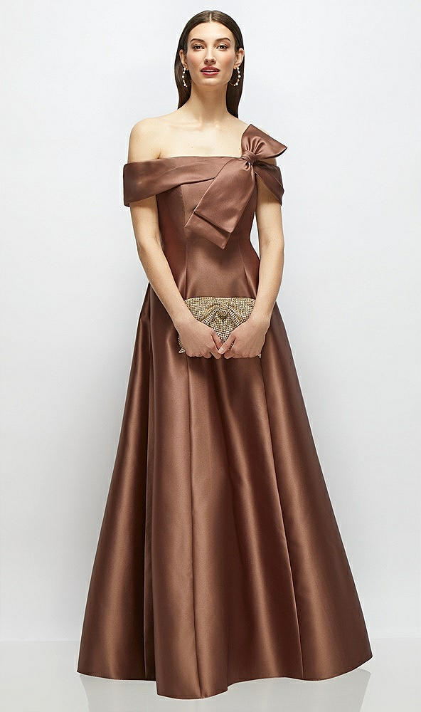 Front View - Cognac Asymmetrical Bow Off-Shoulder Satin Gown with Ballroom Skirt