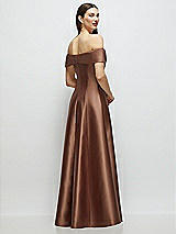 Rear View Thumbnail - Cognac Asymmetrical Bow Off-Shoulder Satin Gown with Ballroom Skirt