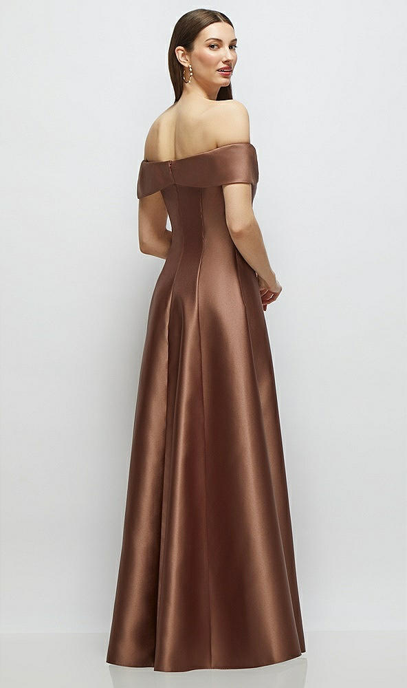 Back View - Cognac Asymmetrical Bow Off-Shoulder Satin Gown with Ballroom Skirt