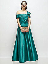 Front View Thumbnail - Jade Asymmetrical Bow Off-Shoulder Satin Gown with Ballroom Skirt