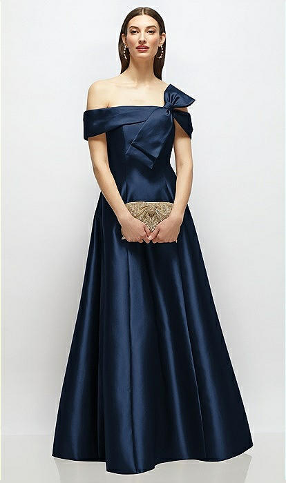 Asymmetrical Bow Off-shoulder Satin Bridesmaid Dress With Ballroom
