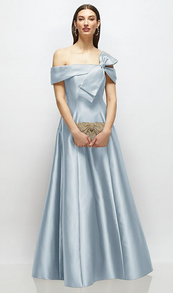 Front View - Mist Asymmetrical Bow Off-Shoulder Satin Gown with Ballroom Skirt