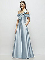 Side View Thumbnail - Mist Asymmetrical Bow Off-Shoulder Satin Gown with Ballroom Skirt