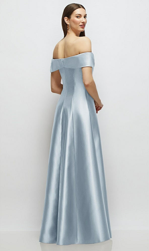 Back View - Mist Asymmetrical Bow Off-Shoulder Satin Gown with Ballroom Skirt