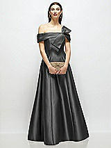 Front View Thumbnail - Pewter Asymmetrical Bow Off-Shoulder Satin Gown with Ballroom Skirt