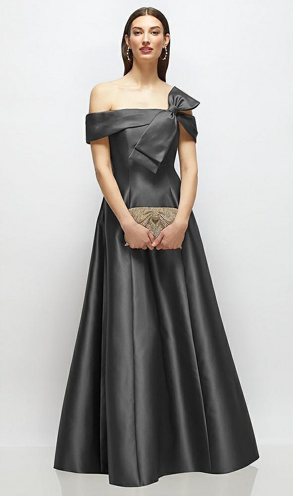 Front View - Pewter Asymmetrical Bow Off-Shoulder Satin Gown with Ballroom Skirt