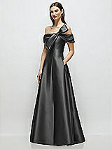 Side View Thumbnail - Pewter Asymmetrical Bow Off-Shoulder Satin Gown with Ballroom Skirt