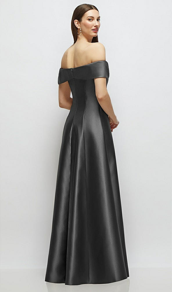 Back View - Pewter Asymmetrical Bow Off-Shoulder Satin Gown with Ballroom Skirt