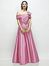 Front View Thumbnail - Powder Pink Asymmetrical Bow Off-Shoulder Satin Gown with Ballroom Skirt