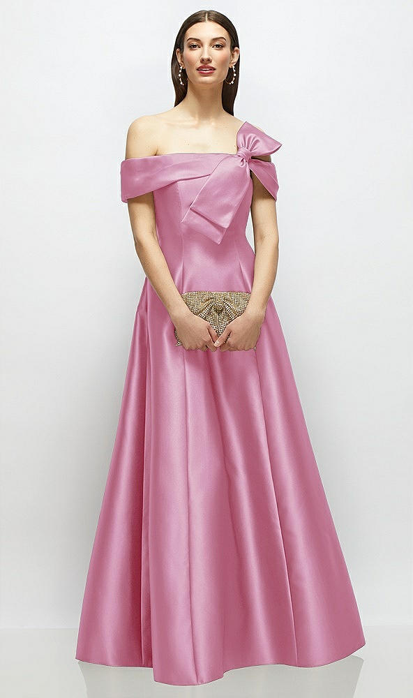 Front View - Powder Pink Asymmetrical Bow Off-Shoulder Satin Gown with Ballroom Skirt