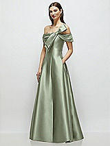 Side View Thumbnail - Sage Asymmetrical Bow Off-Shoulder Satin Gown with Ballroom Skirt