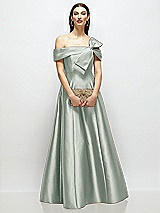 Front View Thumbnail - Willow Green Asymmetrical Bow Off-Shoulder Satin Gown with Ballroom Skirt