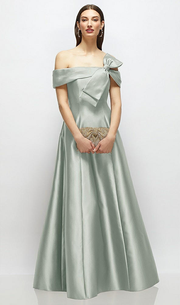 Front View - Willow Green Asymmetrical Bow Off-Shoulder Satin Gown with Ballroom Skirt