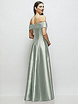 Rear View Thumbnail - Willow Green Asymmetrical Bow Off-Shoulder Satin Gown with Ballroom Skirt
