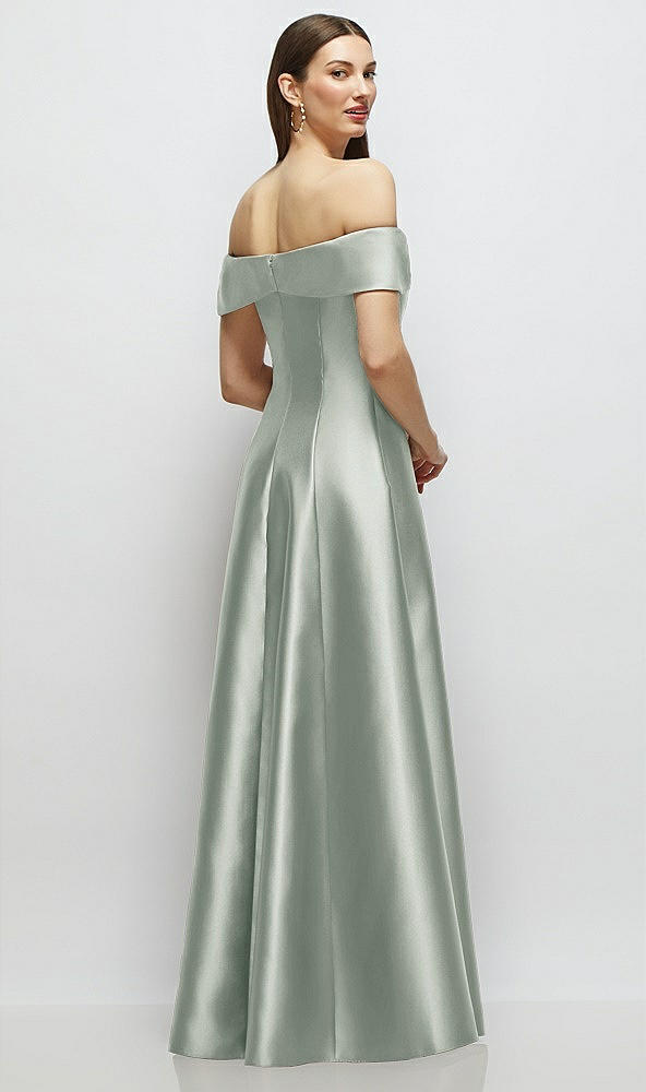 Back View - Willow Green Asymmetrical Bow Off-Shoulder Satin Gown with Ballroom Skirt