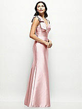 Side View Thumbnail - Ballet Pink Deep V-back Satin Trumpet Dress with Cascading Bow at One Shoulder