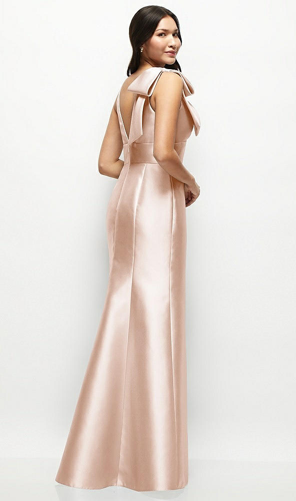 Back View - Cameo Deep V-back Satin Trumpet Dress with Cascading Bow at One Shoulder