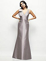 Front View Thumbnail - Cashmere Gray Deep V-back Satin Trumpet Dress with Cascading Bow at One Shoulder