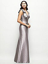Side View Thumbnail - Cashmere Gray Deep V-back Satin Trumpet Dress with Cascading Bow at One Shoulder