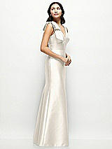Side View Thumbnail - Ivory Deep V-back Satin Trumpet Dress with Cascading Bow at One Shoulder
