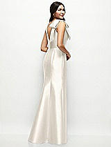 Rear View Thumbnail - Ivory Deep V-back Satin Trumpet Dress with Cascading Bow at One Shoulder