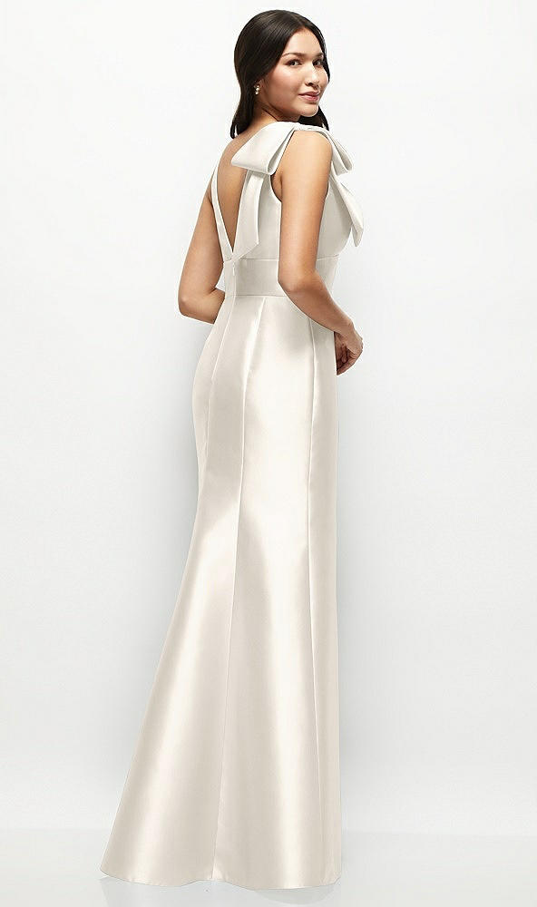 Back View - Ivory Deep V-back Satin Trumpet Dress with Cascading Bow at One Shoulder