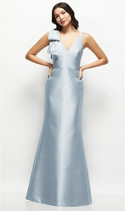 Deep V-back Satin Trumpet Bridesmaid Dress With Cascading Bow At