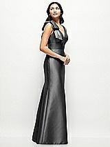 Side View Thumbnail - Pewter Deep V-back Satin Trumpet Dress with Cascading Bow at One Shoulder