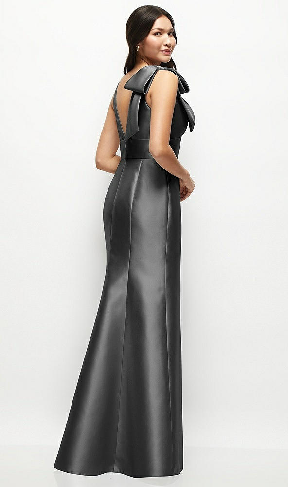 Back View - Pewter Deep V-back Satin Trumpet Dress with Cascading Bow at One Shoulder