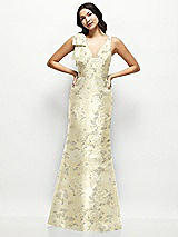 Front View Thumbnail - Butter Yellow Floral Deep V-back Floral Satin Trumpet Dress with One-Shoulder Cascading Bow