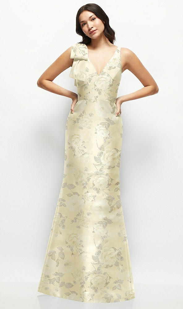 Front View - Butter Yellow Floral Deep V-back Floral Satin Trumpet Dress with One-Shoulder Cascading Bow
