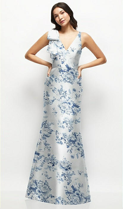 Deep V-back Floral Satin Trumpet Bridesmaid Dress With One