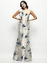 Front View Thumbnail - Inkwash Blue Floral Deep V-back Floral Satin Trumpet Dress with One-Shoulder Cascading Bow