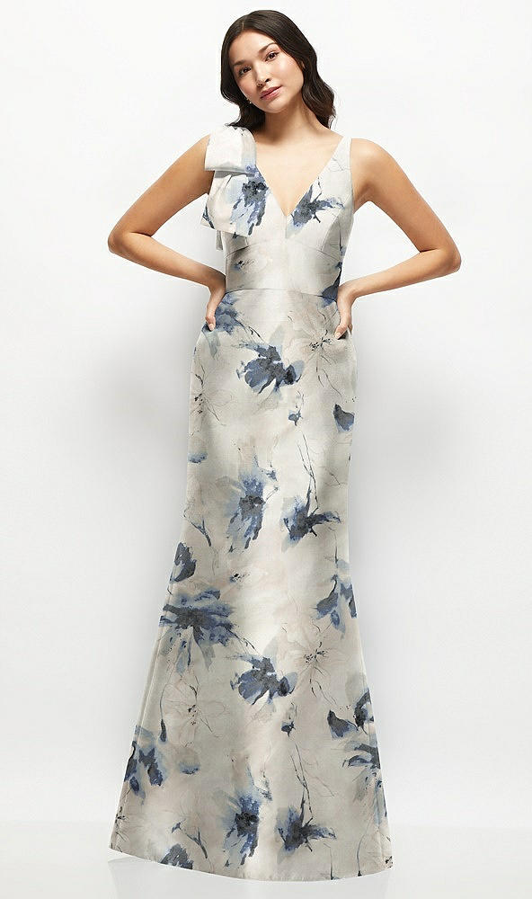 Front View - Inkwash Blue Floral Deep V-back Floral Satin Trumpet Dress with One-Shoulder Cascading Bow