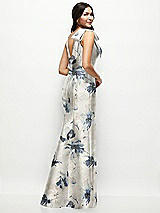 Rear View Thumbnail - Inkwash Blue Floral Deep V-back Floral Satin Trumpet Dress with One-Shoulder Cascading Bow