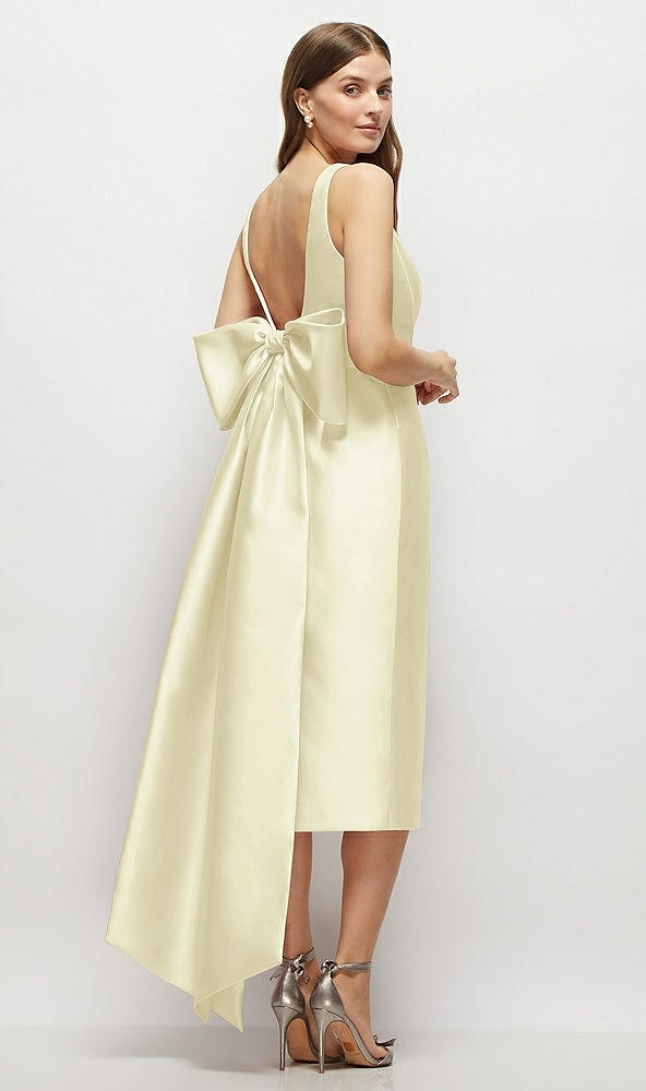 Back View - Butter Yellow Scoop Neck Corset Satin Midi Dress with Floor-Length Bow Tails