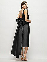 Rear View Thumbnail - Black Scoop Neck Corset Satin Midi Dress with Floor-Length Bow Tails