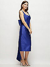 Side View Thumbnail - Cobalt Blue Scoop Neck Corset Satin Midi Dress with Floor-Length Bow Tails