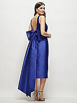 Rear View Thumbnail - Cobalt Blue Scoop Neck Corset Satin Midi Dress with Floor-Length Bow Tails