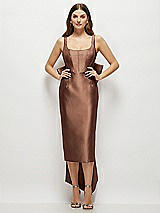Front View Thumbnail - Cognac Scoop Neck Corset Satin Midi Dress with Floor-Length Bow Tails