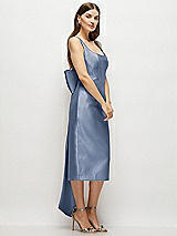 Side View Thumbnail - Larkspur Blue Scoop Neck Corset Satin Midi Dress with Floor-Length Bow Tails