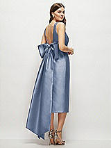 Rear View Thumbnail - Larkspur Blue Scoop Neck Corset Satin Midi Dress with Floor-Length Bow Tails