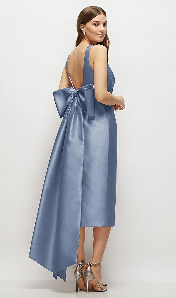 Back View - Larkspur Blue Scoop Neck Corset Satin Midi Dress with Floor-Length Bow Tails