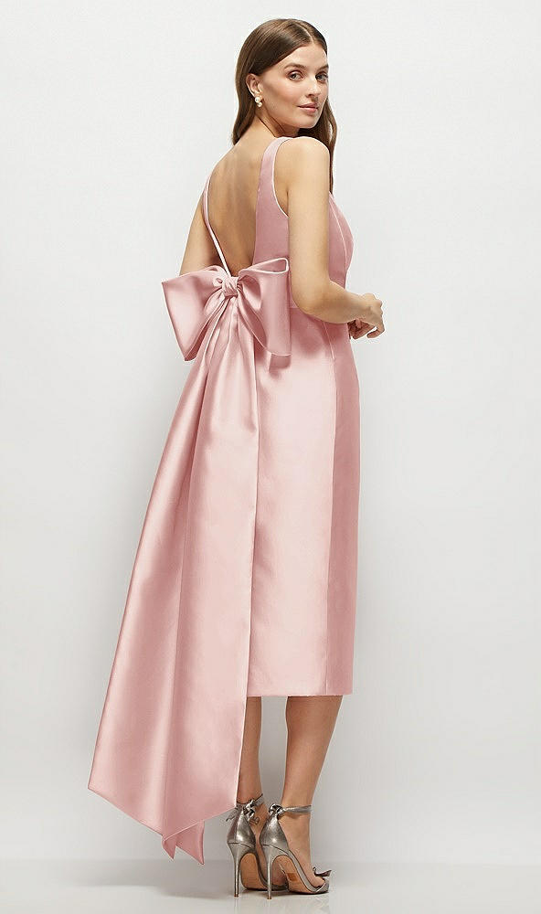 Back View - Rose Scoop Neck Corset Satin Midi Dress with Floor-Length Bow Tails