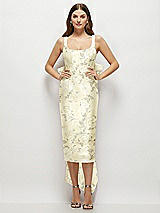 Front View Thumbnail - Butter Yellow Floral Floral Scoop Neck Corset Satin Midi Dress with Floor-Length Bow Tails