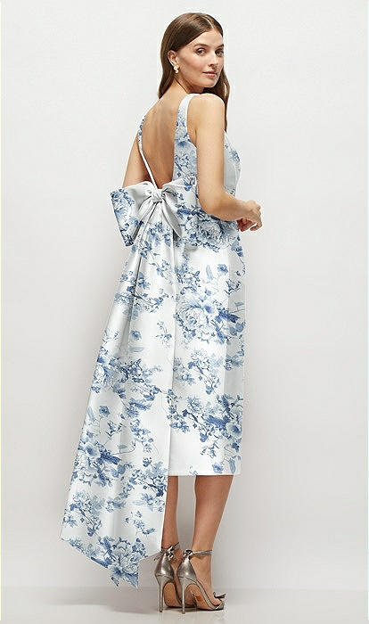 Floral Scoop Neck Corset Satin Midi Bridesmaid Dress With