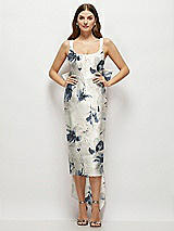 Front View Thumbnail - Inkwash Blue Floral Floral Scoop Neck Corset Satin Midi Dress with Floor-Length Bow Tails