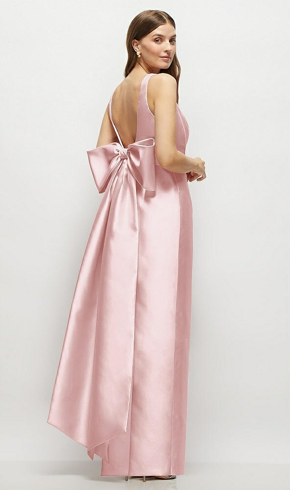 Front View - Ballet Pink Scoop Neck Corset Satin Maxi Dress with Floor-Length Bow Tails
