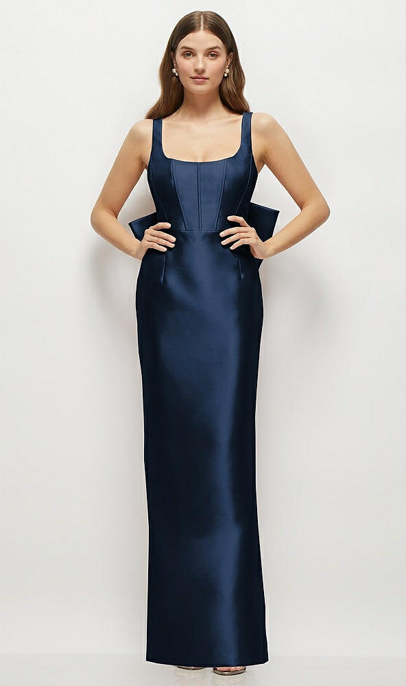 Back View - Midnight Navy Scoop Neck Corset Satin Maxi Dress with Floor-Length Bow Tails