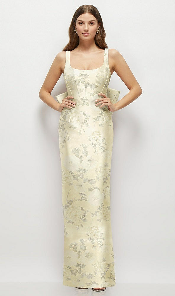 Front View - Butter Yellow Floral Floral Scoop Neck Corset Satin Maxi Dress with Floor-Length Bow Tails